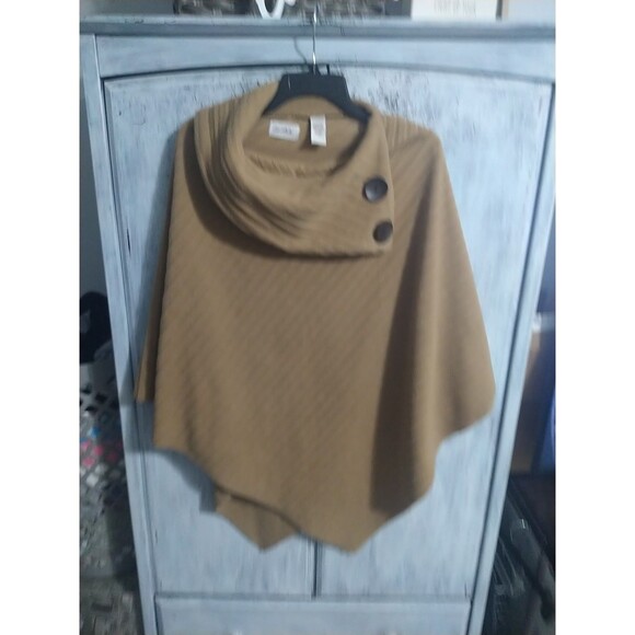La Moda One Size Poncho Beige Brown Buttons Boho Cozy - Picture 2 of 8